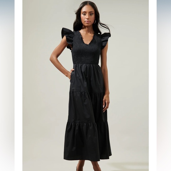 SUGARLIPS Sunfire Smocked Bodice Tiered Midi Dress - Picture 1 of 11